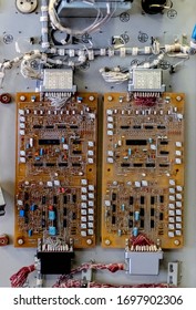 Chip boards and electronic components. Control cabinet, view from the inside. Close-up.