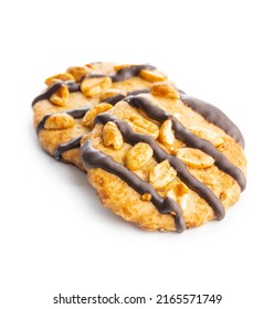 Chip Cookies With Peanuts And Chocolate Strips Isolated On A White Background.