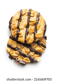 Chip Cookies With Peanuts And Chocolate Strips Isolated On A White Background.