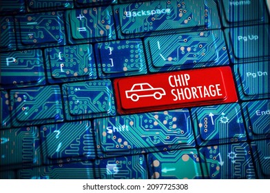 Chip Shortage Or Semiconductor Automotive Crisis Concept With Computer Keyboard And Motherboard Circuits