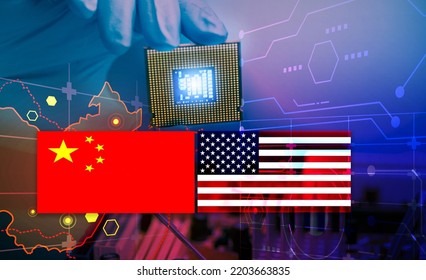 Chip Shortage And US-China Trade Conflict. Global Chip Shortage Crisis And China-United States Trade War Concept. China Flag And US Flag On China Map And Hand Holding Computer Chip On Background.