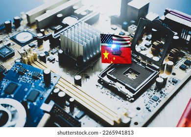 Chip shortage and US-China trade conflict. Global chip shortage crisis and China-United States trade war concept. China flag and US flag on computer on chip elctronic circuit board. Computer hardware.