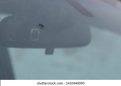 Chip In A Windshield Of Car. Cracked Windshield.