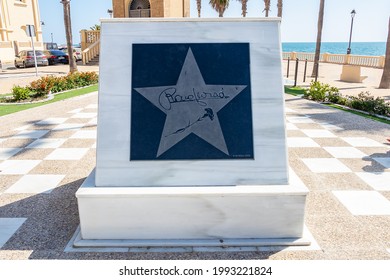 Chipiona, Cadiz, Spain - June 13, 2021: Commemorative Plaque To Rocío Jurado. Rocío Jurado Monument Famous Andalusian Cantaora  In Chipiona, Cadiz, Andalusia, Spain