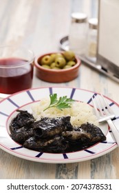 Chipirones En Su Tinta, Small Squid Cooked In Black Ink, Spanish Basque Cuisine