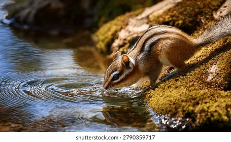 Chipmunk Drinking Water From Stream