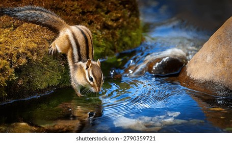 Chipmunk Drinking Water From Stream