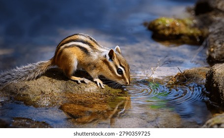 Chipmunk Drinking Water From Stream
