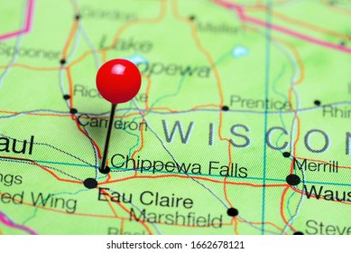 Chippewa Falls pinned on a map of Wisconsin, USA
