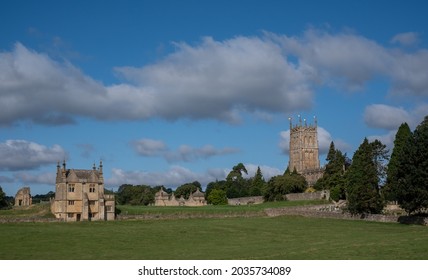 Chipping Campden, UK. August 2021. Rural Cotswold Peaceful Scene. On Left Is Jacobean Era East Banqueting House, On Right The West Tower Of Medieval St James' Anglican Church.