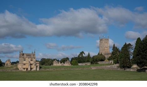 Chipping Campden, UK. August 2021. Rural Cotswold Peaceful Scene. On Left Is Jacobean Era East Banqueting House, On Right The West Tower Of Medieval St James' Anglican Church.