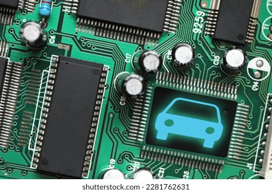 Chips in automotive industry. Electronic circuit boards with microchips. Smart car micro chip concept background.