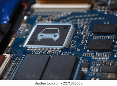 Chips in automotive manufacturing. Electronic circuit boards with chips. Smart car micro chip concept background.    