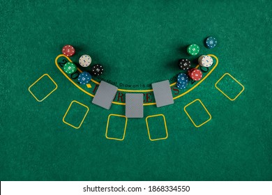 Chips Cards Lie On A Green Blackjack Table Top View. Casino Concept, Gambling
