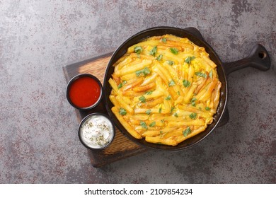 Chips Mayai The Tanzanian Street Food Dish Is A Humble Omelet Consisting Of Chips Fries And Mayai The Swahili Word For Eggs Close Up In The Plate On The Table. Horizontal Top View From Above
