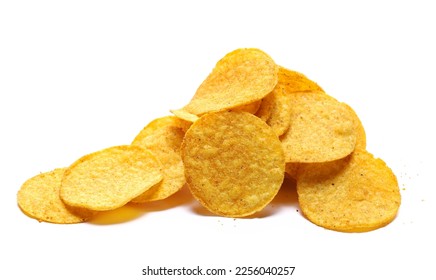 Chips tikka masala flavor, pile spicy taste isolated on white   - Shutterstock ID 2256040257