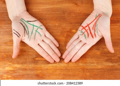 Chiromancy.Color contours on palm, on wooden background