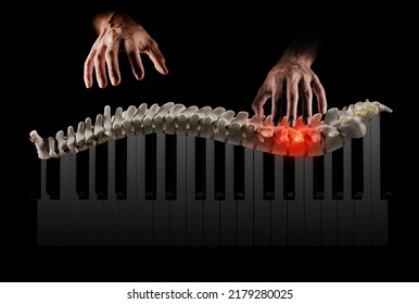 Chiropractic massage from back pain, manual therapy concept. Manual therapist professionally treats human spine as if playing piano