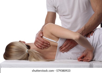 Chiropractic, osteopathy, dorsal manipulation. Therapist doing healing treatment on women's back . Alternative medicine, pain relief concept isolated on white.