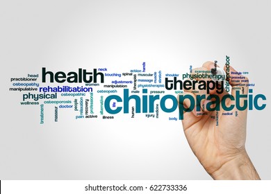 Chiropractic Word Cloud Concept On Grey Background.