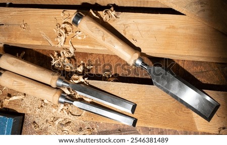  chisel close up.Chisel for woodworking on a workbench. wood chisel.