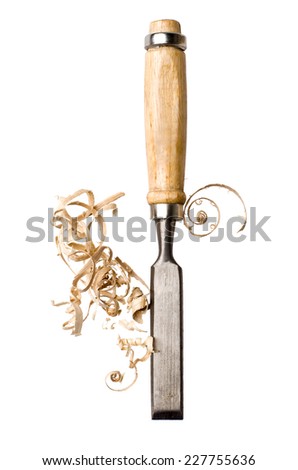 Chisel and shavings isolated on white background