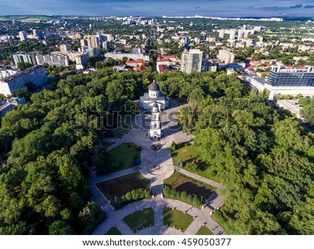 Chisinau, the capital city of the Republic of Moldova. Aerial view of the central park, from drone.  Chisinau is the name of the city}