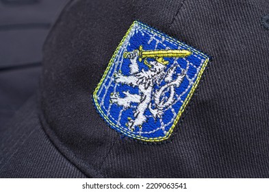 Chisinau, Moldova- 02 October 2022: The Emblem Of The Moldovan Police Embroidered On The Uniform- Lion With A Sword Cutting Through The Web Of Crime. 