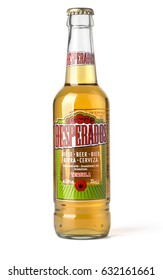Chisinau, Moldova- April 27, 2017: Bottle on white  background,Desperados, a pale lager flavored with tequila is produced by Heineken