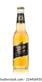 CHISINAU, MOLDOVA - April 9, 2022: Miller Genuine Draft is the original cold filtered packaged draft beer, a product of the Miller Brewing Company owned by SABMiller. With clippig path