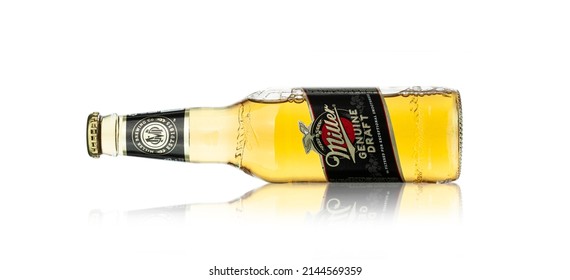 CHISINAU, MOLDOVA - April 9, 2022: Miller Genuine Draft is the original cold filtered packaged draft beer, a product of the Miller Brewing Company owned by SABMiller. With clippig path