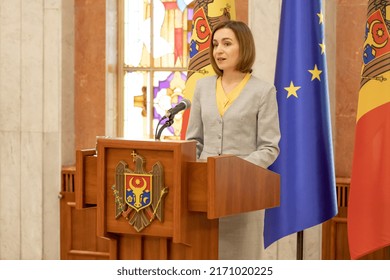 Chisinau, Moldova - June 24, 2022 - Moldovan President Maia Sandu At A Briefing In Chisinau On The Issue Of Moldova Obtaining The Status Of A Candidate Member Of The European Union