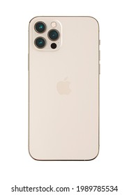 Chisinau, Moldova - May 11, 2021: New iPhone 12 pro  Gold color by Apple Inc.  back side iphone isolated on white