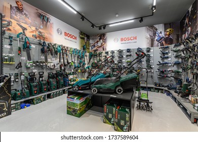 Chisinau, Moldova, May 2020: Panorama Of Shelves In A DIY Shop With Variety Of Power Tools, Mostly From The Bosch Brand