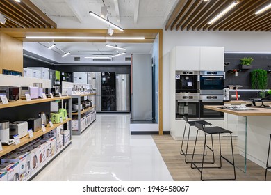 Chisinau, Moldova, May 2020: showroom of domestic appliance store with equipment mostly from Bosch brand such as ovens, kettlles, meat grinders and toasters