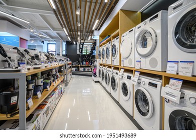 Chisinau, Moldova, May 2020: showroom of domestic appliance store with washing machines, and other appliances, mostly from Bosch brand