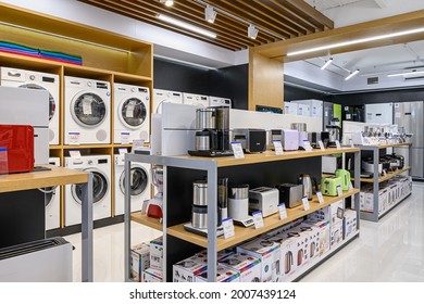 Chisinau, Moldova, May 2020: showroom of domestic appliance store with washing machines and other domestic devices, mostly from Bosch brand