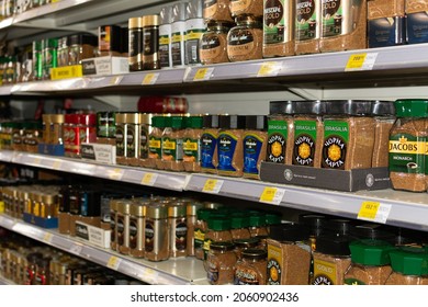 Chisinau, Moldova - October 17, 2021: Inside The Velmart Supermarket. Showcase With Assorted Instant Coffee.