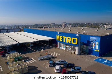 Chisinau, Moldova - October, 2020: Metro Retail Store, Large Shopping Mall Of Household And Food Goods With Parking, Aerial View, Copyspace