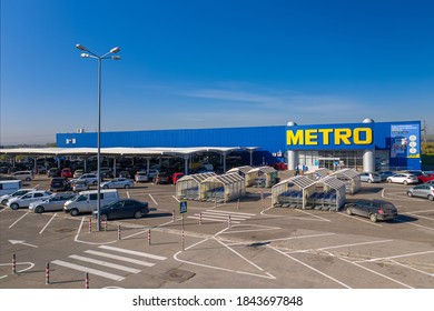 Chisinau, Moldova - October, 2020: Metro Retail Store, Large Shopping Mall Of Household And Food Goods With Parking, Aerial View, Copyspace