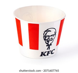 Chisinau, Moldova September 01, 2021: A Bucket of KFC Chicken. Initially Kentucky Fried Chicken, founded by Harland Sanders, the fast food restaurant chain is now owned by Yum! Brands.