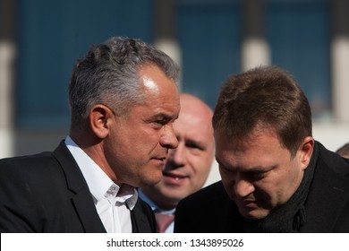 CHISINAU, MOLDOVA/JANUARY 13, 2016: Vladimir Plahotniuc(l), Chairman Of The Democratic Party Of Moldova And Serghei Iaralov(r) At Protest. 