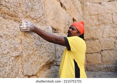 Chitradurga, Karnataka, India - 30 Jan 2022: A selective focus of face of the famous Indian wall climber named Jyoti Raj, also known as Kothi Raj(Raju or Raja). 