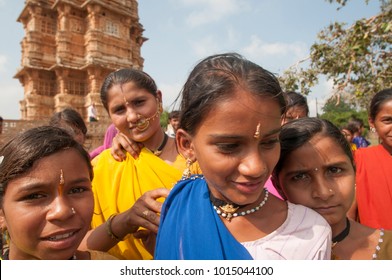 CHITTORGARH, RAJASTHAN, INDIA, 4 NOVEMBER 2015 : Unidentified local women in traditional cloths visit to Victory Tower ( Vijay Stambh) at Chittorgarh fort, 15th century, World Heritage Site,Rajasthan,