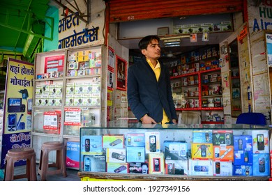 Chittorgarh, Rajasthan, India - November 25 2013 : Mobile Shopkeeper At His Shop, Local Market Of Chittorgarh.