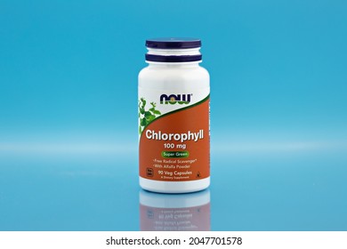 Chlorophyll Capsules In The Jar. Dietary Supplement Editorial Photo. Novosibirsk,Russia - September, 9 - 2021