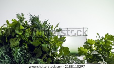 Chlorophyll extract is poured in pure water in glass against a white background and green organic dill and parsley herbs. Growing fresh plants, healthy food. Concept of detox diet,