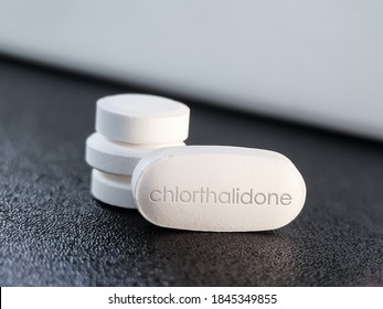 Chlortalidone Pill Tablet Diuretic Medication Used To Treat High Blood Pressure, Swelling Due To Heart Failure, Liver Failure And Nephrotic Syndrome, Diabetes Insipidus And Renal Tubular Acidosis