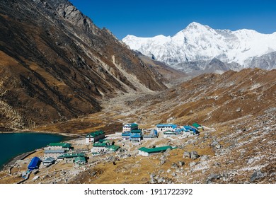 Cho Oyu Mountain With Gokyo Village. Himalayas Mountain Landscape