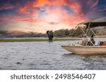 Chobe National Park, Botswana : Tourists in a boat observe elephants along the riverside of Chobe River in Chobe National Park, Botswana.